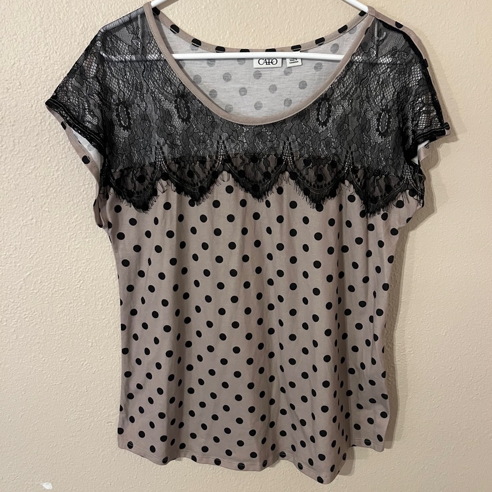 Cato Black Lace and Gray Polka Dot Blouse Size Large